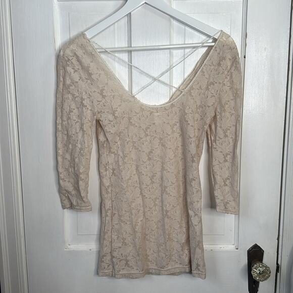 Free People Intimately Lace Cream 3/4 sleeve Square Neck Top W1455 Sz M - Picture 6 of 8